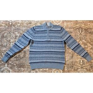 Vintage LL Bean Sweater Wool 1/4 Zip Fair Isle Geometric Nordic Ski Blue Medium